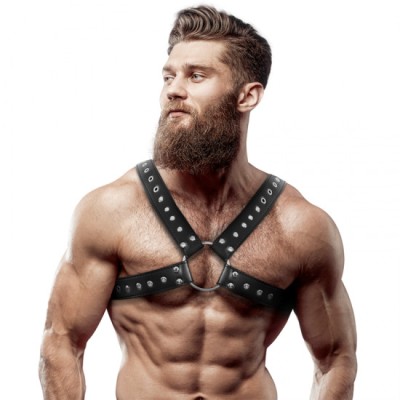 FETISH SUBMISSIVE ATTITUDE - MENS CROSS-OVER ECO-LEATHER CHEST HARNESS WITH STUDS foto