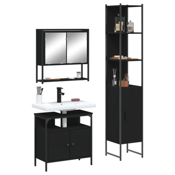 Gossi set mobilier de baie, 3 piese, negru, lemn compozit