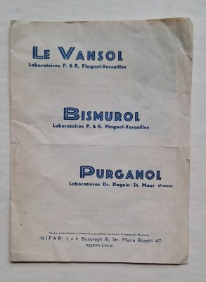 Pliant farmaceutic interbelic &amp;ndash; Le Vansol, Bismurol, Purganol &amp;ndash; NIFAR București foto