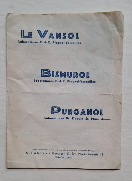 Pliant farmaceutic interbelic &ndash; Le Vansol, Bismurol, Purganol &ndash; NIFAR București