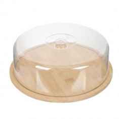 Platou rotund Pufo din bambus cu capac transparent pentru servire torturi, aperitive, prajituri, branzeturi, 28 cm