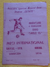 Program meci fotbal MINERUL DEVA - DEBRECEN (Ungaria) 06.02.1980 foto