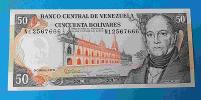 Bancnota veche Venezuela 50 Bolivares 1992 UNC serie N12567 666 foto