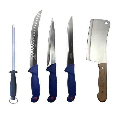 Set profesional de macelarie, injunghiat, transat, dezosat, filetat, satar, 3 cutite, masat pentru ascutit foto