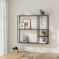 Raft, en.casa, PXSL-0211 Jamijarvi, 90 x 100 x 18 cm, otel, negru mat, cu 5 polite depozitare, montabil pe perete HausGarden Leisure