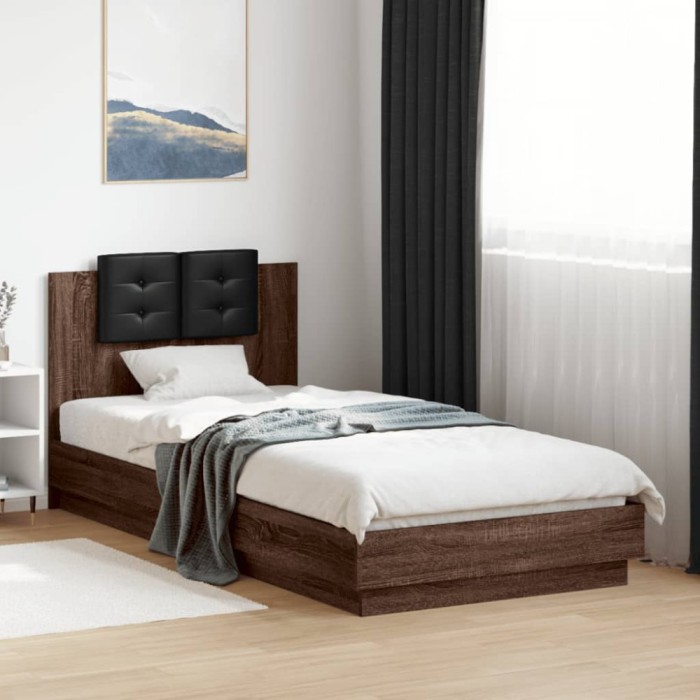 vidaXL Cadru de pat cu tăblie și lumini LED, stejar maro, 100x200 cm 3210030