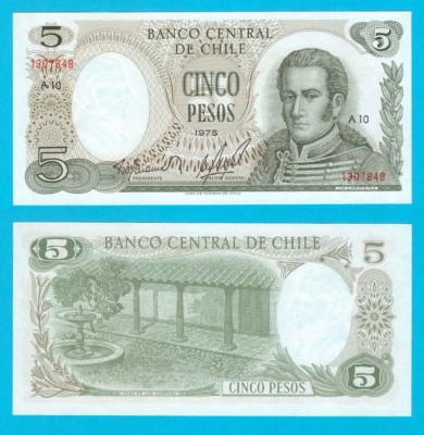 Chile (p#149) 5 Pesos 1975 UNC &amp;#039;Carrera&amp;#039; serie: A10 1307848 foto