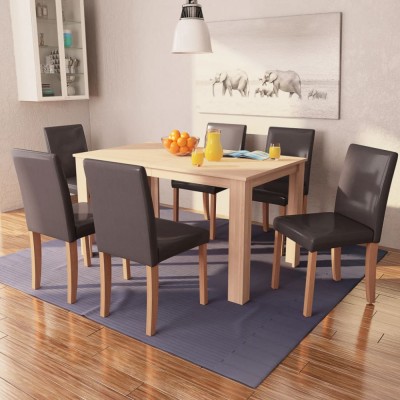 vidaXL Masă și scaune 7 piese, piele artificială, stejar, maro foto