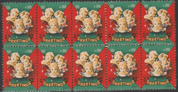 1950 SUA - Bloc de 10 vignete de Craciun + Campanie Anti Tuberculoza, TBC