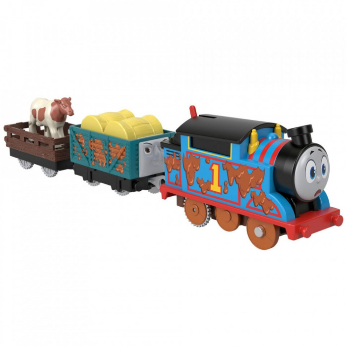 Locomotiva motorizata Muddy Thomas cu doua vagoane Thomas si Prietenii Track Master