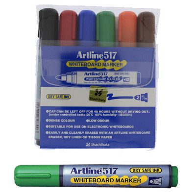 Marker Pentru Tabla De Scris Artline 517 - Dry Safe Ink, Varf Rotund 2.0mm, 6 Culori/set foto