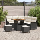 Set canapea gradina Gossi 8 piese cu perne negru polirat&aacute;n acacia, canapea gradina Gossi 2 locuri cu perne negru polirat&aacute;n, set dining gradina Gossi 3