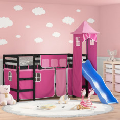 vidaXL Pat etajat de copii cu turn, roz, 90x190 cm, lemn masiv pin