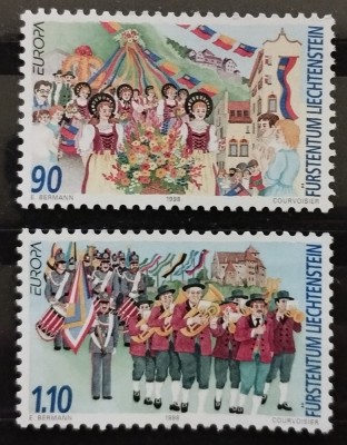 BC61, Liechtenstein 1998, serie europa cept, festival, steaguri, costume populare foto