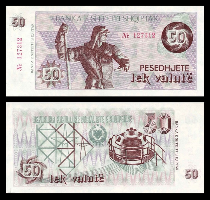 ALBANIA █ bancnota █ 50 Lek Valute █ 1992 █ P-50a █ cu număr de serie █ UNC █ necirculata