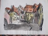 Fred Micos,acuarela,Peisaj Sibiu,dim. imag.18,5x25cm, coala 23,8x30,5cm