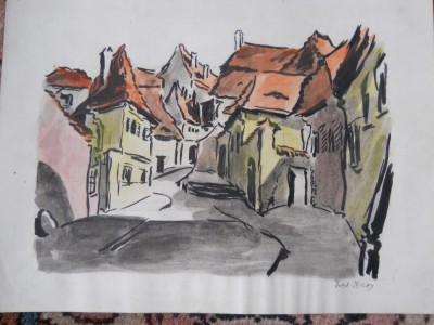 Fred Micos,acuarela,Peisaj Sibiu,dim. imag.18,5x25cm, coala 23,8x30,5cm foto