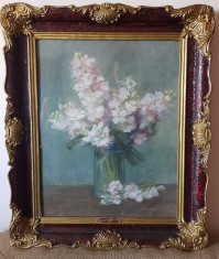 Tablou vechi anii 1800 pictura Hollos Karoly - pastel - flori rama superba foto