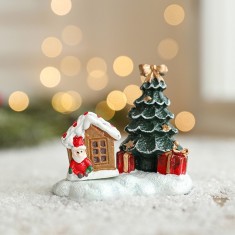 Ornament de Craciun din Rasina pentru Decor, Flippy, Model Casuta cu Brad, Decoratiune de Birou pentru Craciun, 6.5 x 6.5 x 4 cm, Rosu Verde