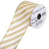 Panglică decorativă pentru brad de Crăciun, ecru cu sclipici șampanie, dungi, 5m x 65mm, CMCLASS