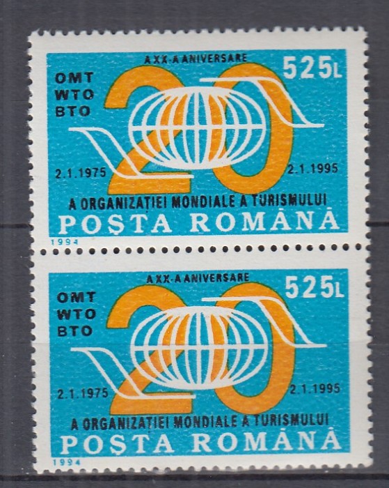 ROMANIA 1994 LP 1365 - 20 ANI ORGANIZATIA MONDIALA A TURISMULUI PERECHE MNH