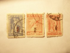 3 Timbre Grecia 1916 supratipar ET si coroana : 10 , 25 , 30l stampilat