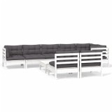 Set mobilier gradina cu perne, 9 piese, alb, lemn masiv pin