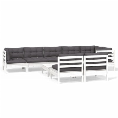 Set mobilier gradina cu perne, 9 piese, alb, lemn masiv pin foto