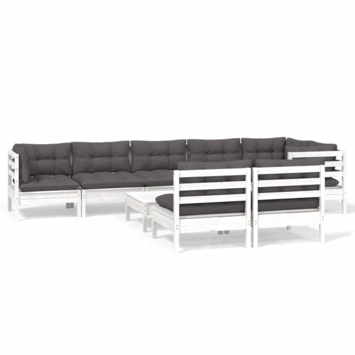 Set mobilier gradina cu perne, 9 piese, alb, lemn masiv pin