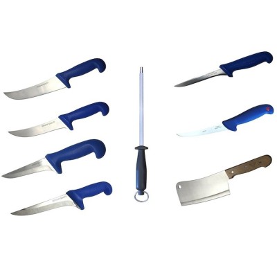 Pachet profesional pentru macelarie, 8 piese, 6 cutite + masat pentru ascutit + satar foto