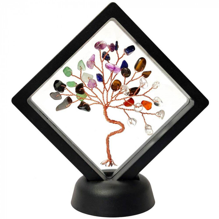 Copac cristale 7 chakre, pietre semiprețioase pentru dragoste și succes, ramă negru 12.5 cm