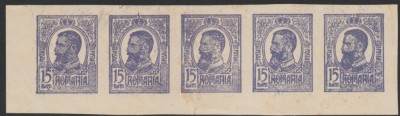 1909 Romania - Carol Tipografiate 15b violet, streif nedantelat de 5 probe tipar foto