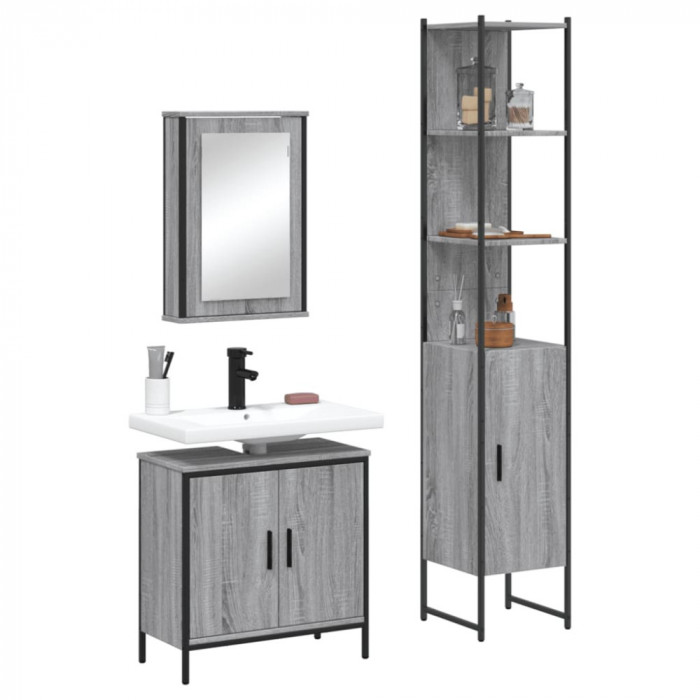 vidaXL Set mobilier de baie, 3 piese, gri sonoma, lemn prelucrat 3214803