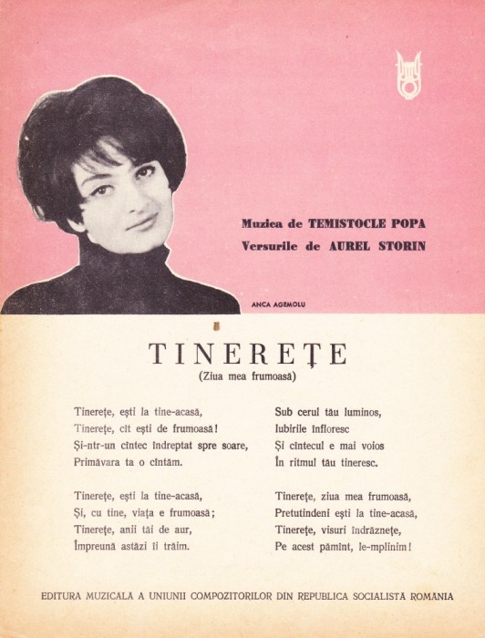 AS - PARTITURA - TINERETE - MUZICA : TEMISTOCLE POPA, VERSURI : AUREL STORIN, partitura completa