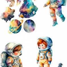 Sticker decorativ Planete si Astronaut, Albastru, 90 cm, 8114ST-4