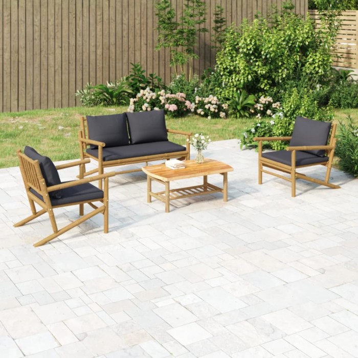 vidaXL Set mobilier de grădină cu perne gri &icirc;nchis, 4 piese, bambus 3156470
