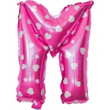 Balon folie metalizata litera m, flippy, 40 cm, cu imprimeu inimioare, umflati cu heliu sau aer, ambalaj individual, pai inclus, roz