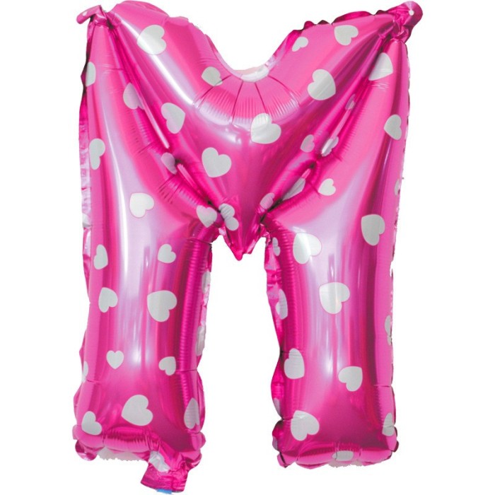 Balon folie metalizata litera m, flippy, 40 cm, cu imprimeu inimioare, umflati cu heliu sau aer, ambalaj individual, pai inclus, roz