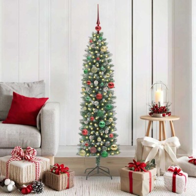 vidaXL Copac Artificial Slăb de Crăciun cu 150 LED Verde și alb 150 cm 3395289 foto