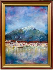 Tablou Peisaj Mediteranean pictura &icirc;n ulei pe placaj &icirc;nrămat 35x45cm