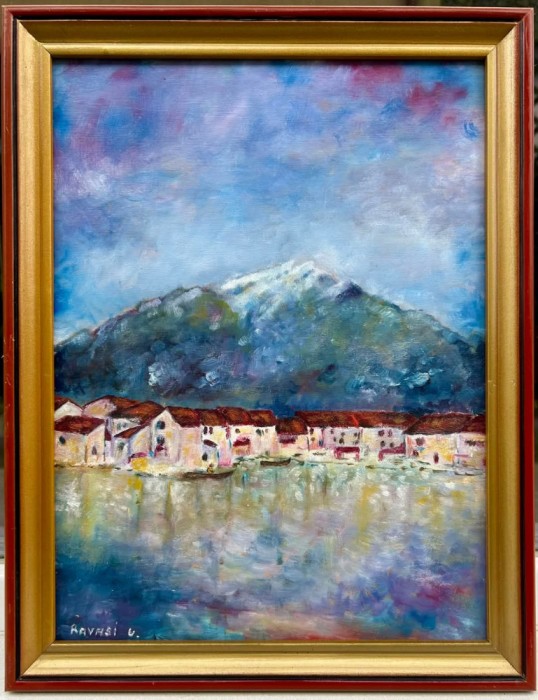 Tablou Peisaj Mediteranean pictura &icirc;n ulei pe placaj &icirc;nrămat 35x45cm