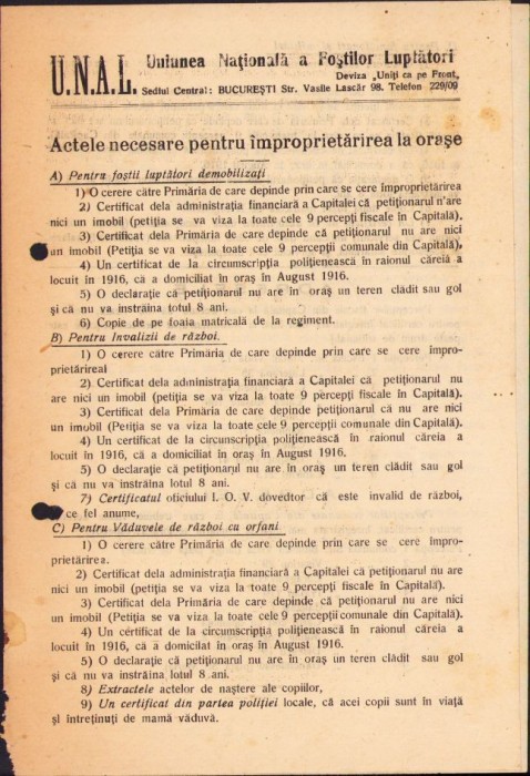 A1110 Act Uniunea Națională a Foștilor Luptători UNAL, 1930