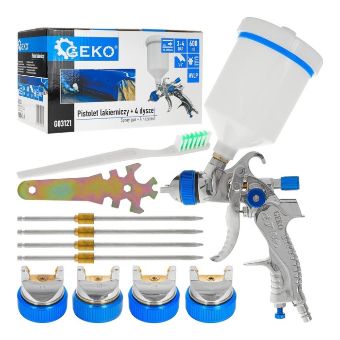 Pistol de vopsit HVLP cu 4 duze, 1.4 / 1.7 / 2.0 / 2.5, Geko G03121