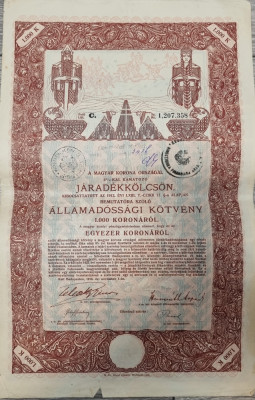 UNGARIA DATORIA PUBLICA 1000 KORONA COROANE JARADEKKOLCSON 1916 Stampila DF Arad foto