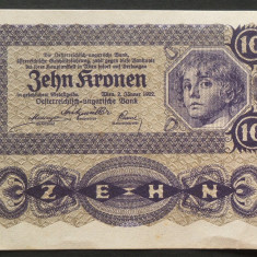 Bancnota istorica 10 COROANE - AUSTRO-UNGARIA (AUSTRIA), anul 1922 * cod 237 A