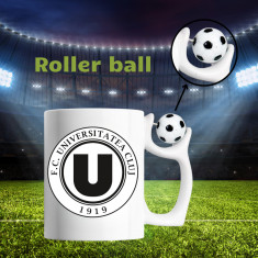 Cană cu minge fotbal „Fotbal club U, Universitatea Cluj”, sport, fotbal, suporter, alba, 330 ml