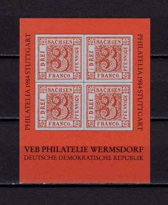 ✅(V 3) Germania &amp;#039;84, bloc oficial DDR Expo.Fila. Stuttgart,dupa 1850 Sachsen,MNH foto