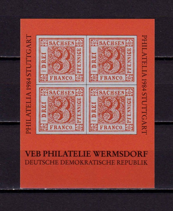 ✅(V 3) Germania &#039;84, bloc oficial DDR Expo.Fila. Stuttgart,dupa 1850 Sachsen,MNH