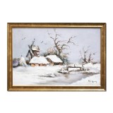 Tablou pictat manual inramat, Peisaj de iarna, 65x45cm ulei pe panza, rama din lemn, Geo Ungureanu
