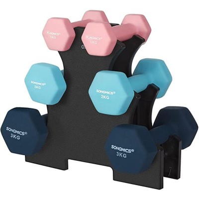SONGMICS Set de 6 gantere hexagonale cu suport, 2x1 kg 2x2 kg 2x3 kg, multicolor foto